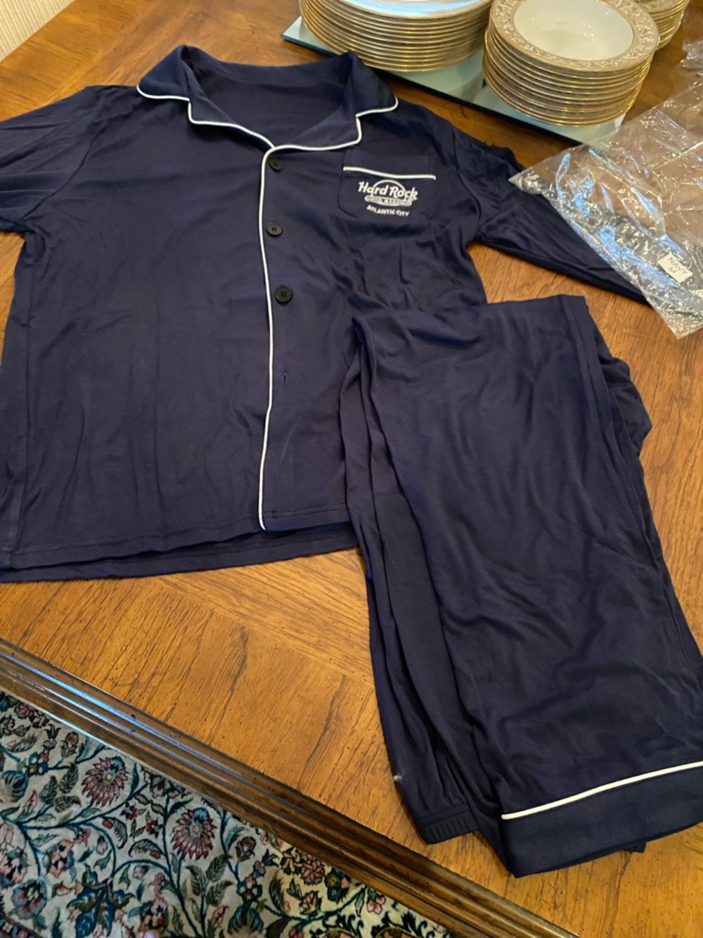 Hard Rock  Navy Blue Pajama Set with White Piping size medium adults